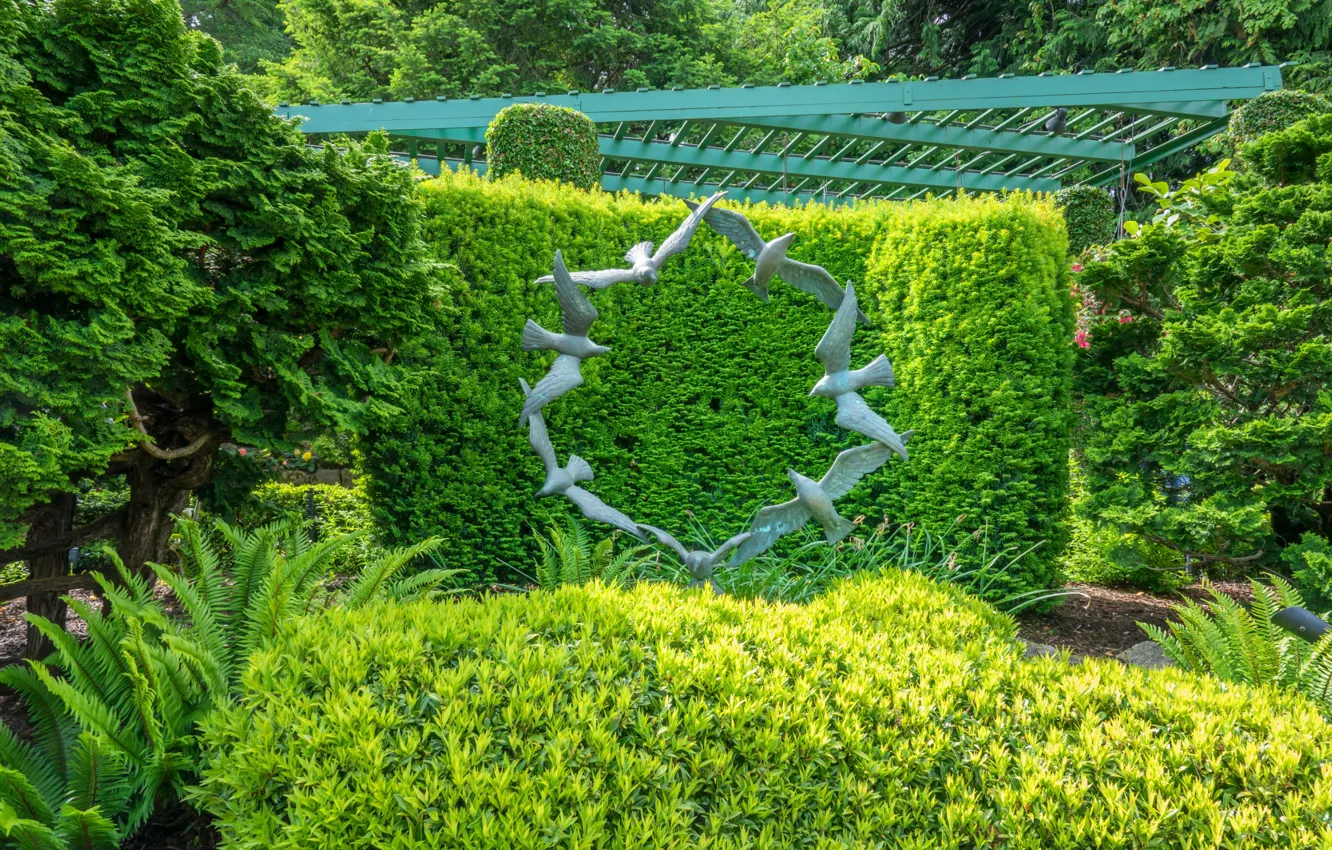 Photo wallpaper greens, trees, birds, design, Park, Canada, Vancouver, sculpture