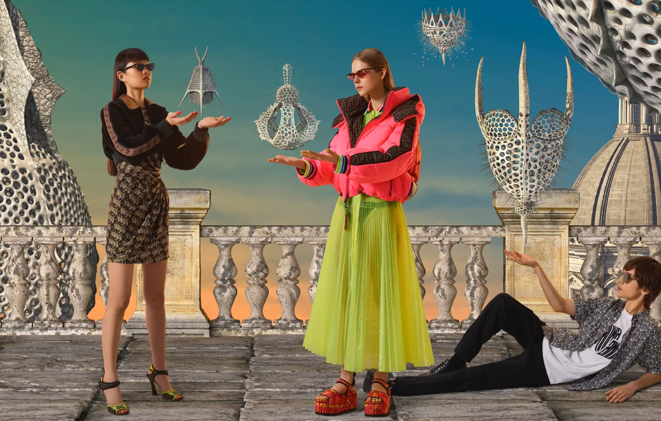 Photo wallpaper Girls, Guy, Three, Sunglasses, Fendi, Sunglasses, Capsule collection of glasses, Gentle Monster