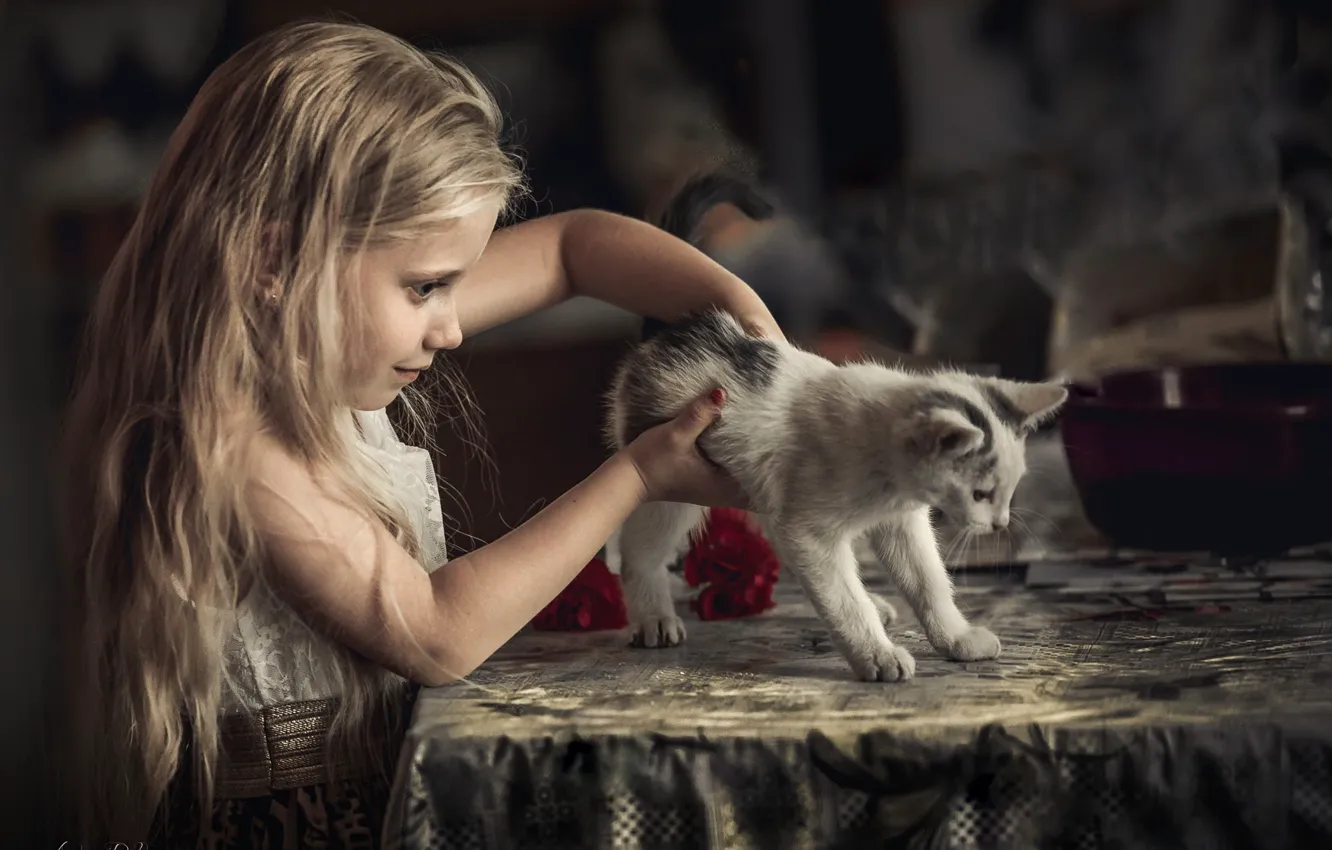 Photo wallpaper cat, child, girl