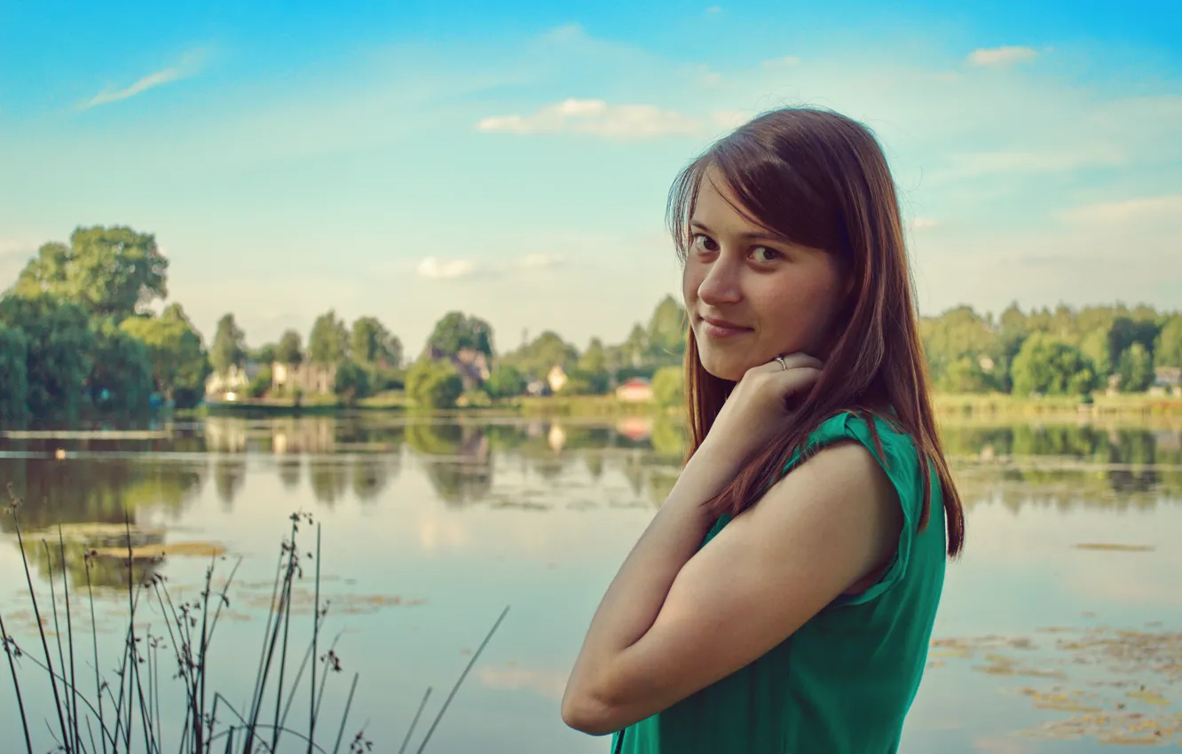 Photo wallpaper girl, nature, lake, beautiful, cutie, cute, brown-eyed, Bryansk