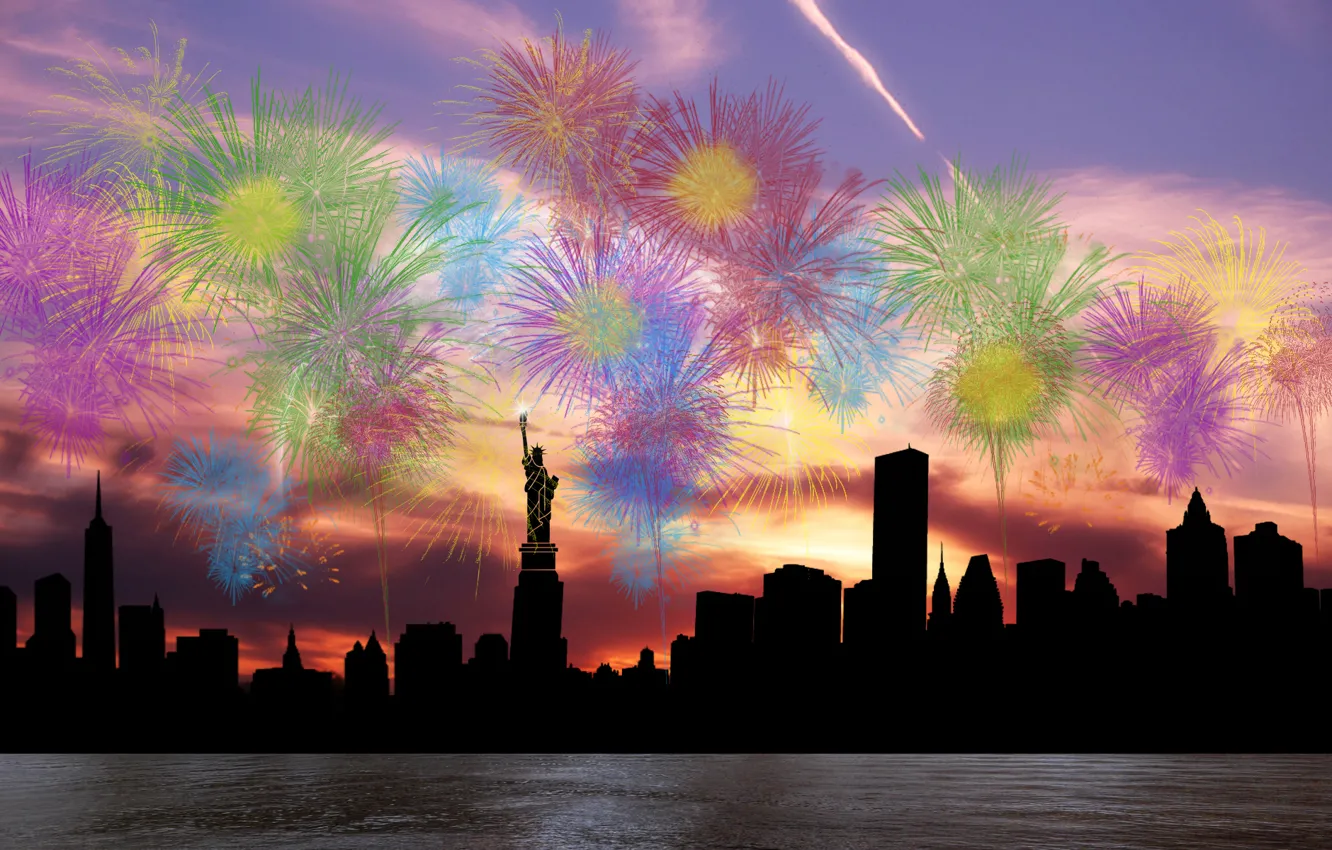 Photo wallpaper the sky, clouds, the city, salute, silhouette, fireworks, the statue of liberty, New York