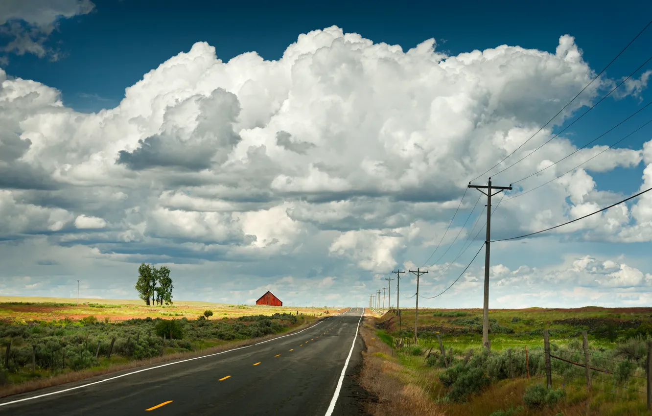 Photo wallpaper road, clouds, power line, red barn