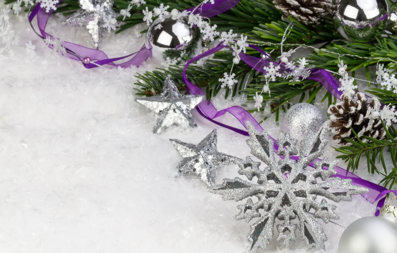 Photo wallpaper purple, stars, snow, snowflakes, branches, balls, silver, new year