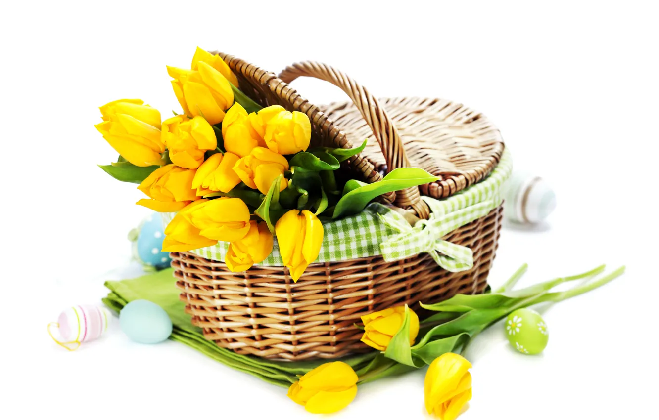 Photo wallpaper flowers, yellow, photo, eggs, Easter, tulips, basket