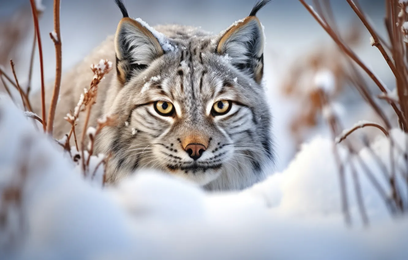 Photo wallpaper winter, look, snow, portrait, lynx, face, AI art, neural network
