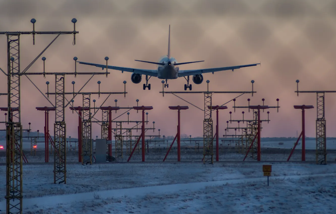 Photo wallpaper winter, airplane, dusk, landing