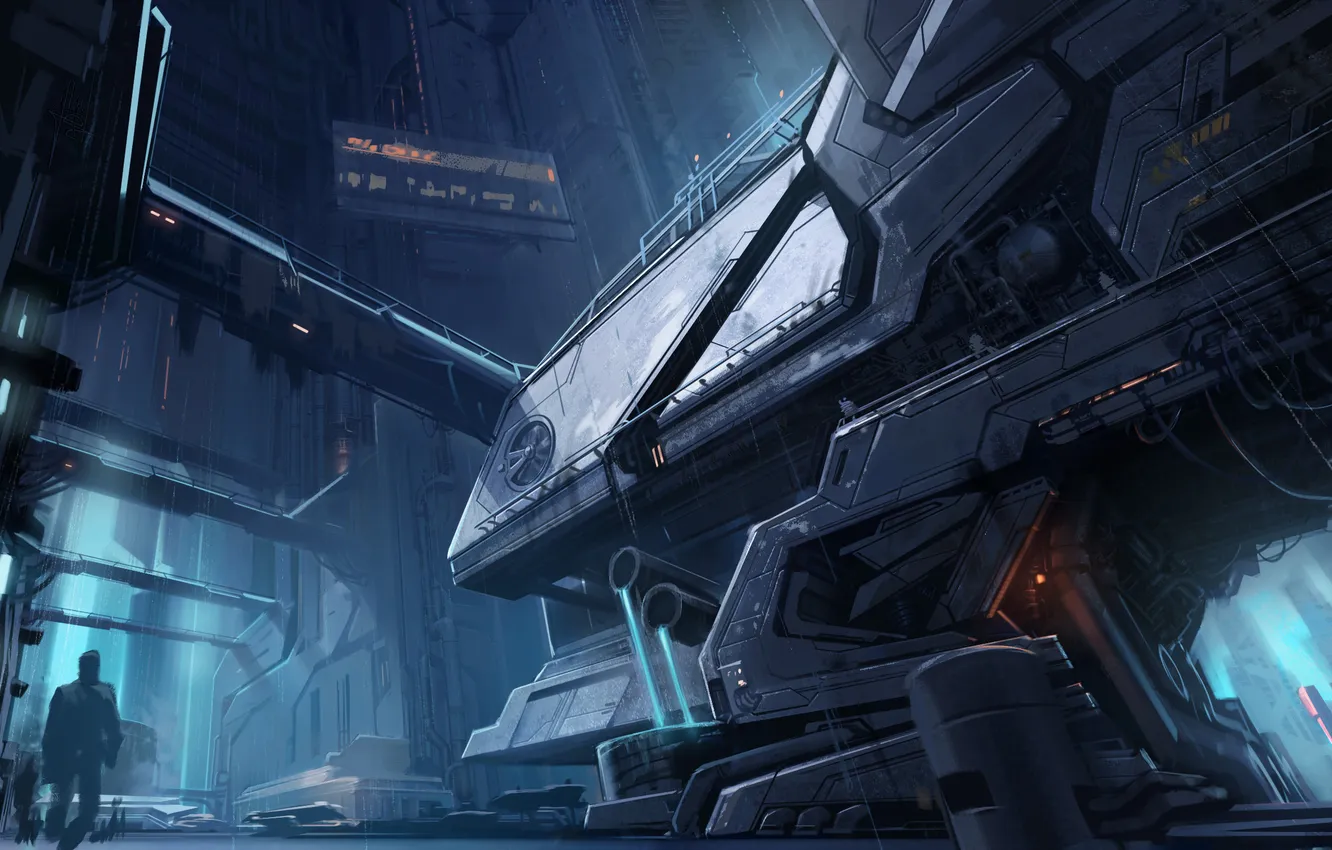 Photo wallpaper water, night, the city, future, people, art, pipe