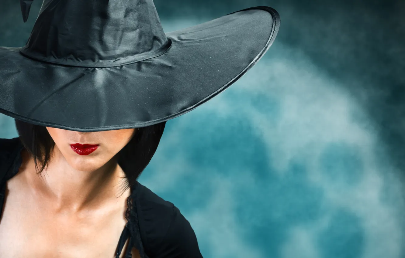 Photo wallpaper Halloween, hat, woman, lips, cosplay witch