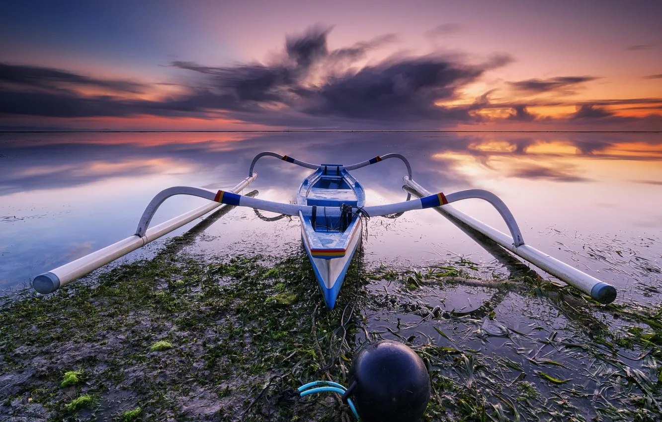 Photo wallpaper landscape, sunset, boat