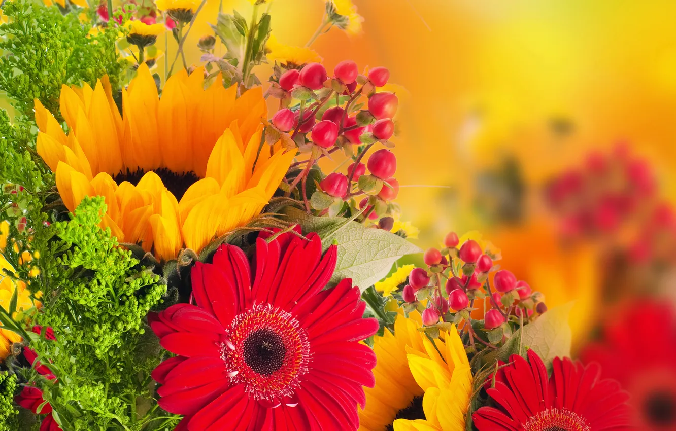 Photo wallpaper sunflowers, red, berries, bouquet, gerbera