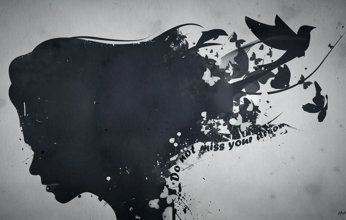 Photo wallpaper dream, girl, face, the inscription, bird, butterfly, hair, figure