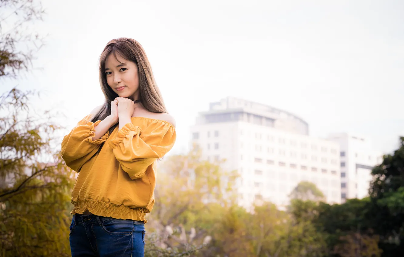 Photo wallpaper girl, brown hair, Asian, cutie, bokeh