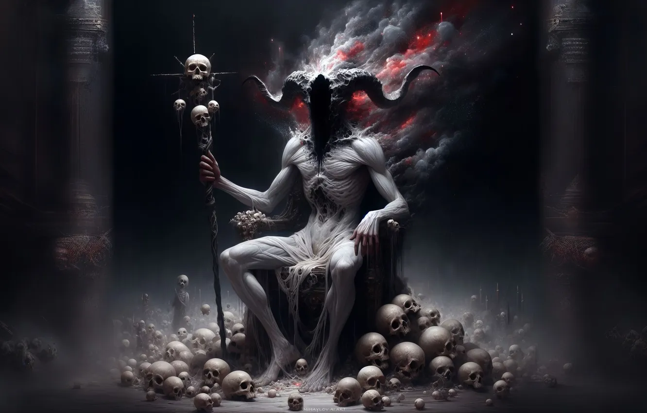 Photo wallpaper skull, chair, being, the demon, horns, staff, columns, the throne