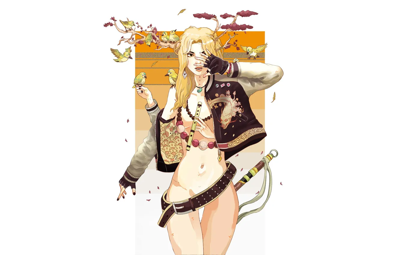 Photo wallpaper girl, style, bird, minimalism, art, blonde, girl, fantasy