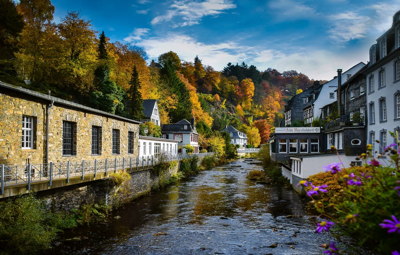 Photo wallpaper autumn, trees, the city, river, home, Germany, Monschau, Monschau