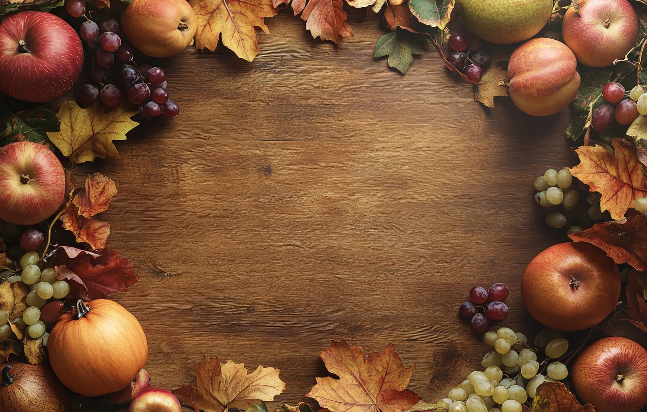 Photo wallpaper autumn, leaves, apples, Board, texture, frame, harvest, grapes