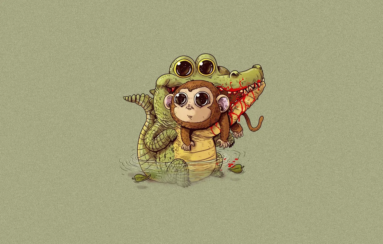 Photo wallpaper hopelessness, blood, the victim, crocodile, mouth, Cheburashka, art, monkeys