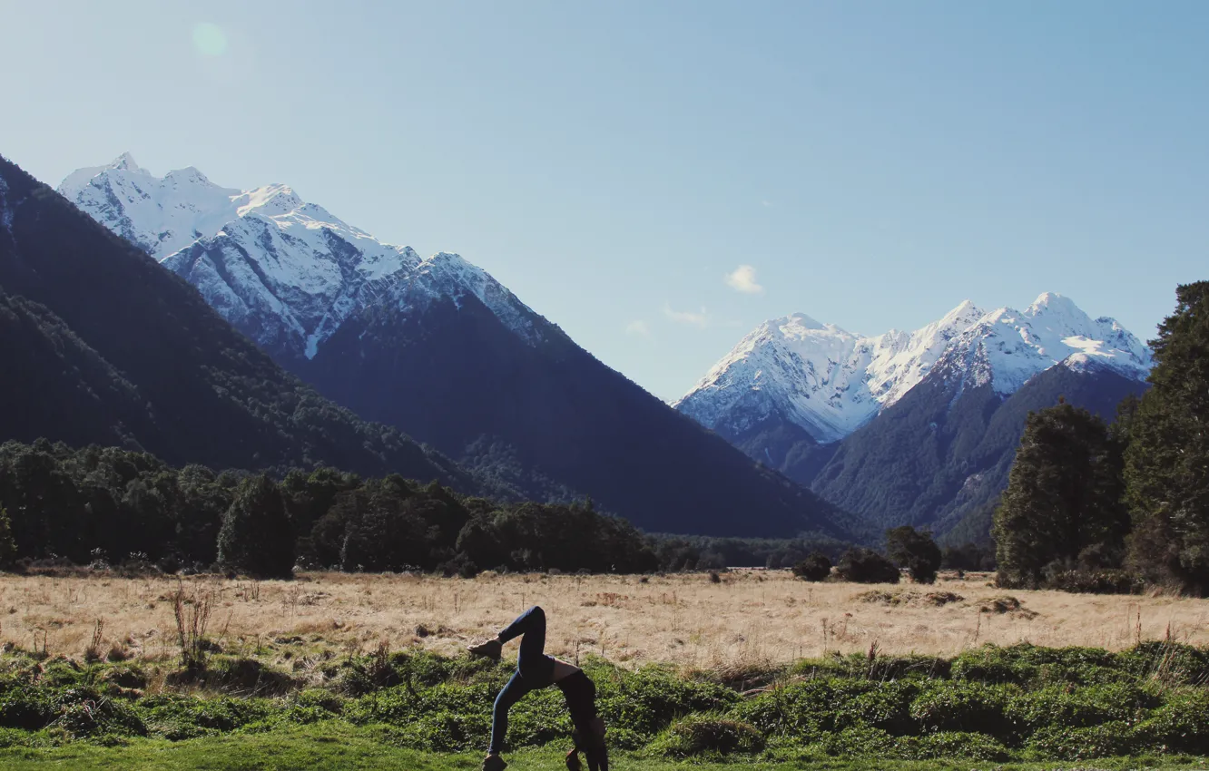 Photo wallpaper girl, trees, field, nature, wood, mountain, snow, women
