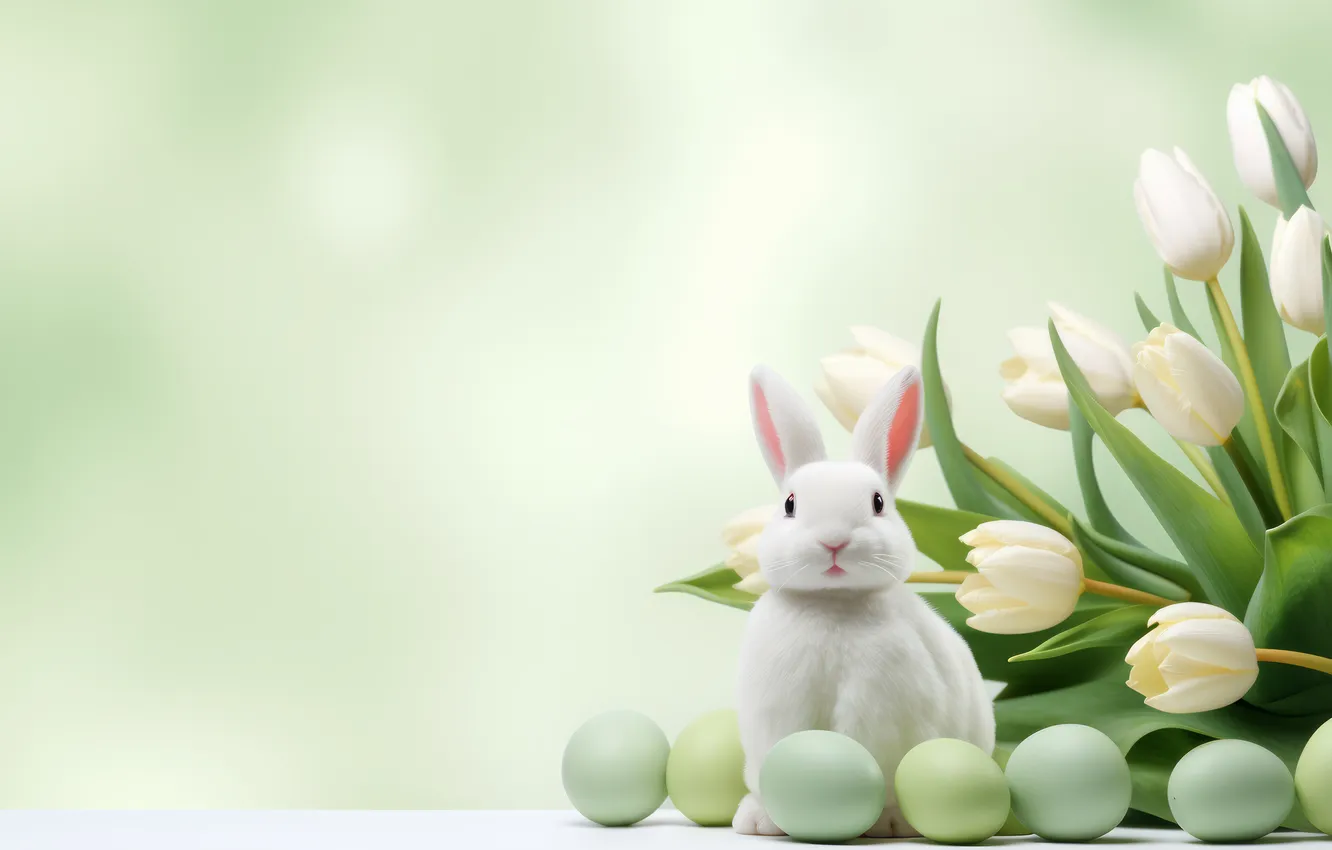 Photo wallpaper flowers, holiday, eggs, bouquet, rabbit, Easter, tulips