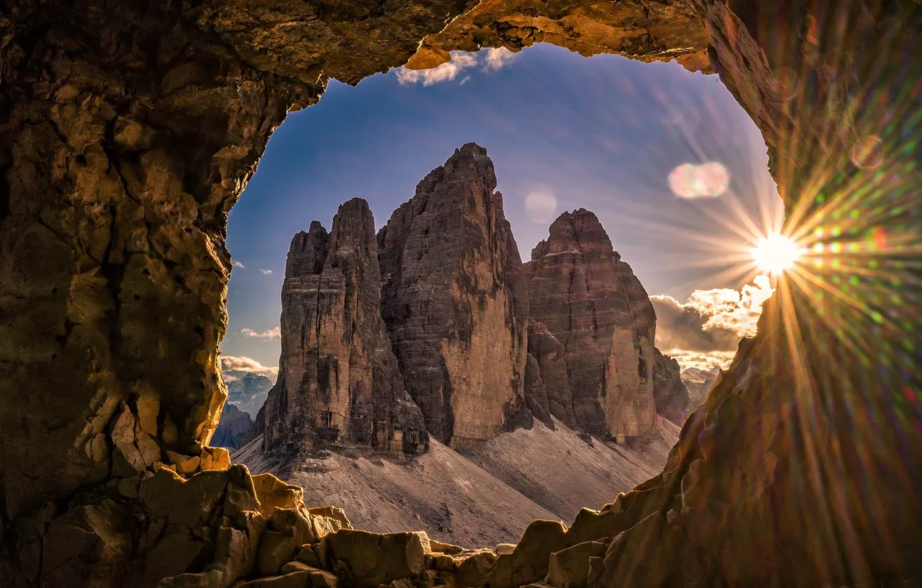 Photo wallpaper the sun, mountains, nature, window, arch