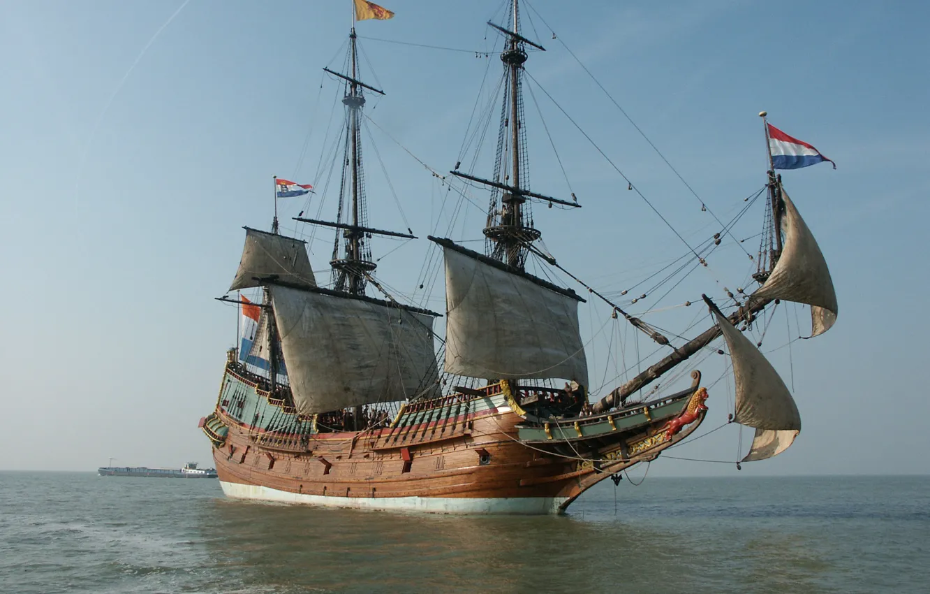 Photo wallpaper old, wooden, sailing ship, Dutch East India Company ship, 17th century, Replica of the BATAVIA
