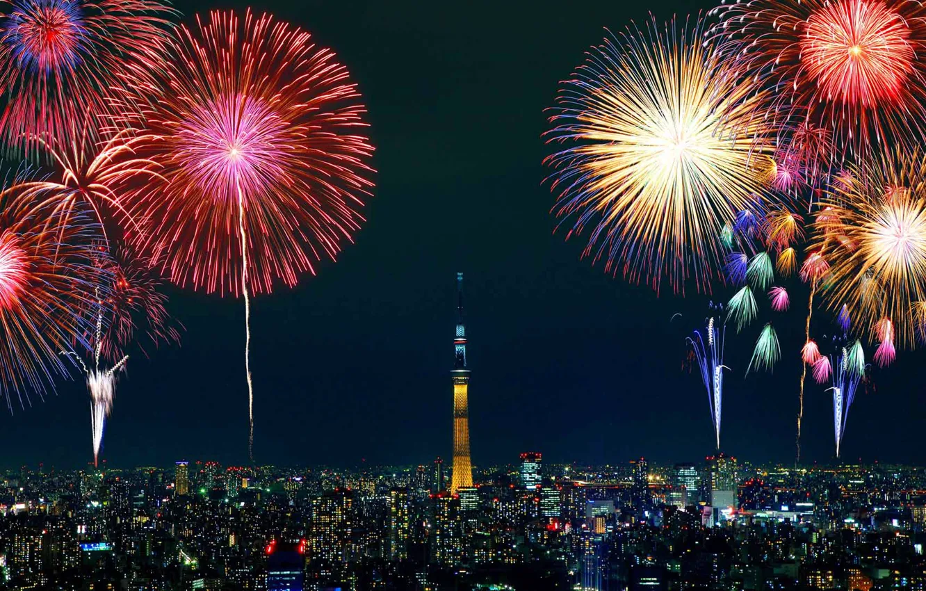 Photo wallpaper the city, salute, Tokyo, fireworks