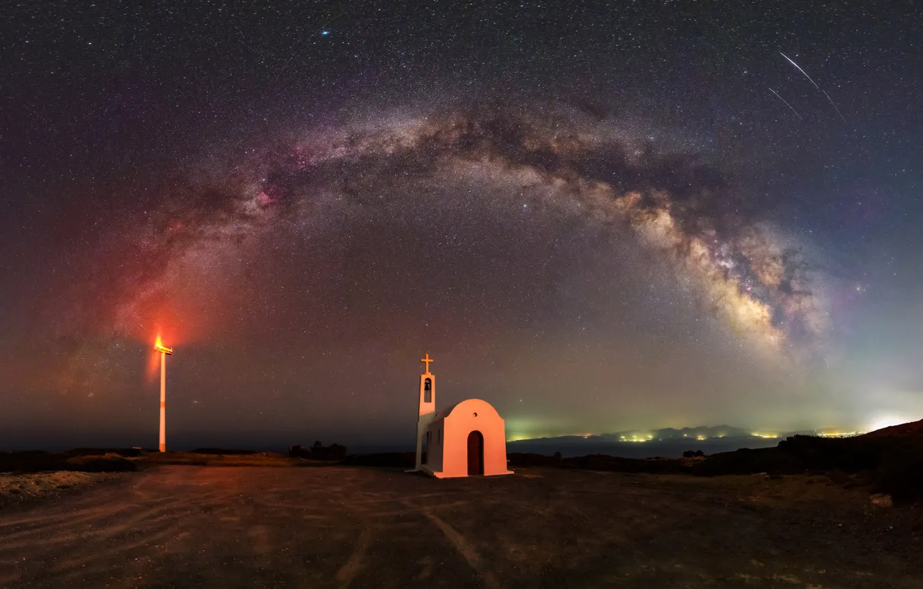 Photo wallpaper Greece, Church, the milky way, starry sky, Milky Way, Greece, church, starry sky