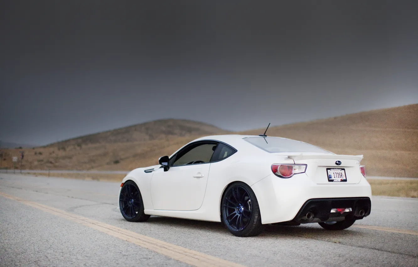 Photo wallpaper road, asphalt, hills, Subaru, signs, highway, Subaru, brz