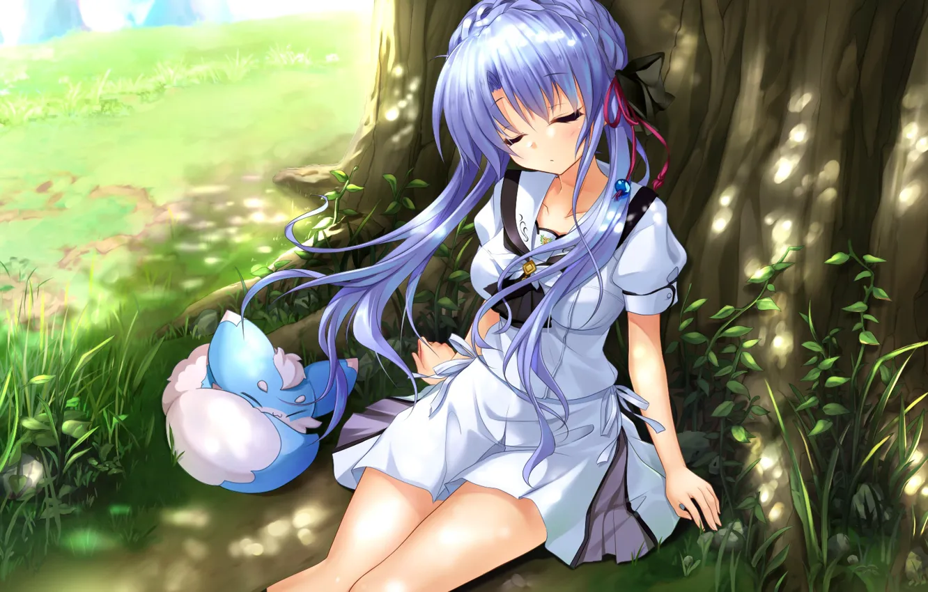 Photo wallpaper girl, tree, sleeping, Summer Pockets