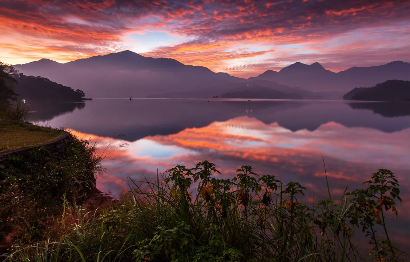 Photo wallpaper sunset, mountains, lake, reflection, China, China, Taiwan, Taiwan