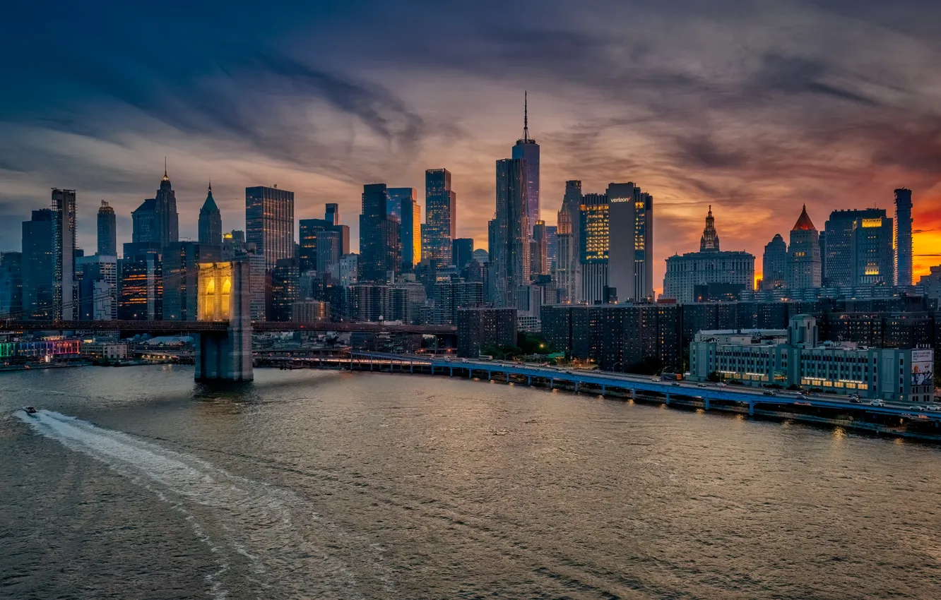 Photo wallpaper USA, bridge, sunset, New York, Manhattan, Hudson River, skyscapers
