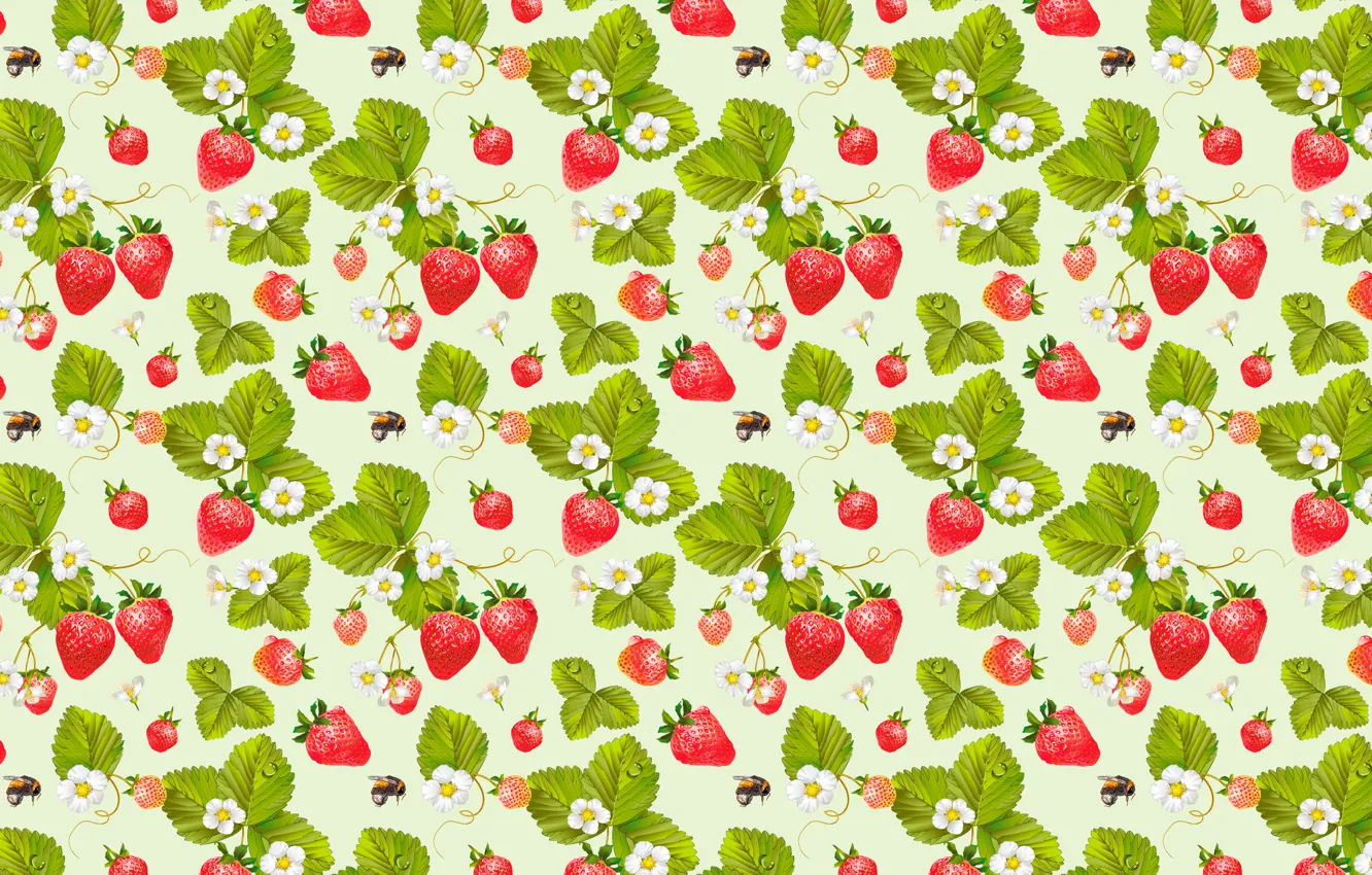 Photo wallpaper berries, pattern, strawberry, bees