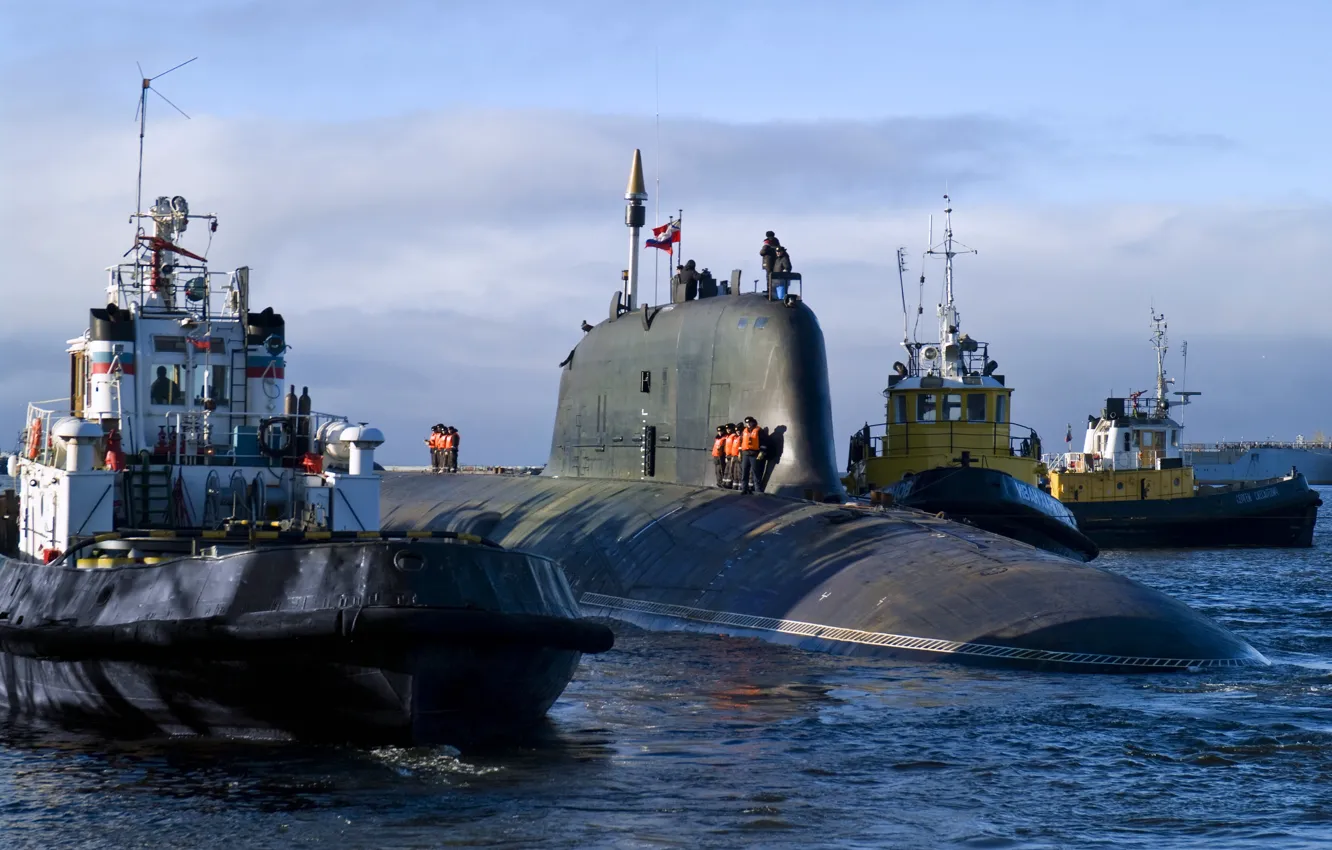 Photo wallpaper tug, submarine, Navy, output, underwater, atomic, Missile, in the sea