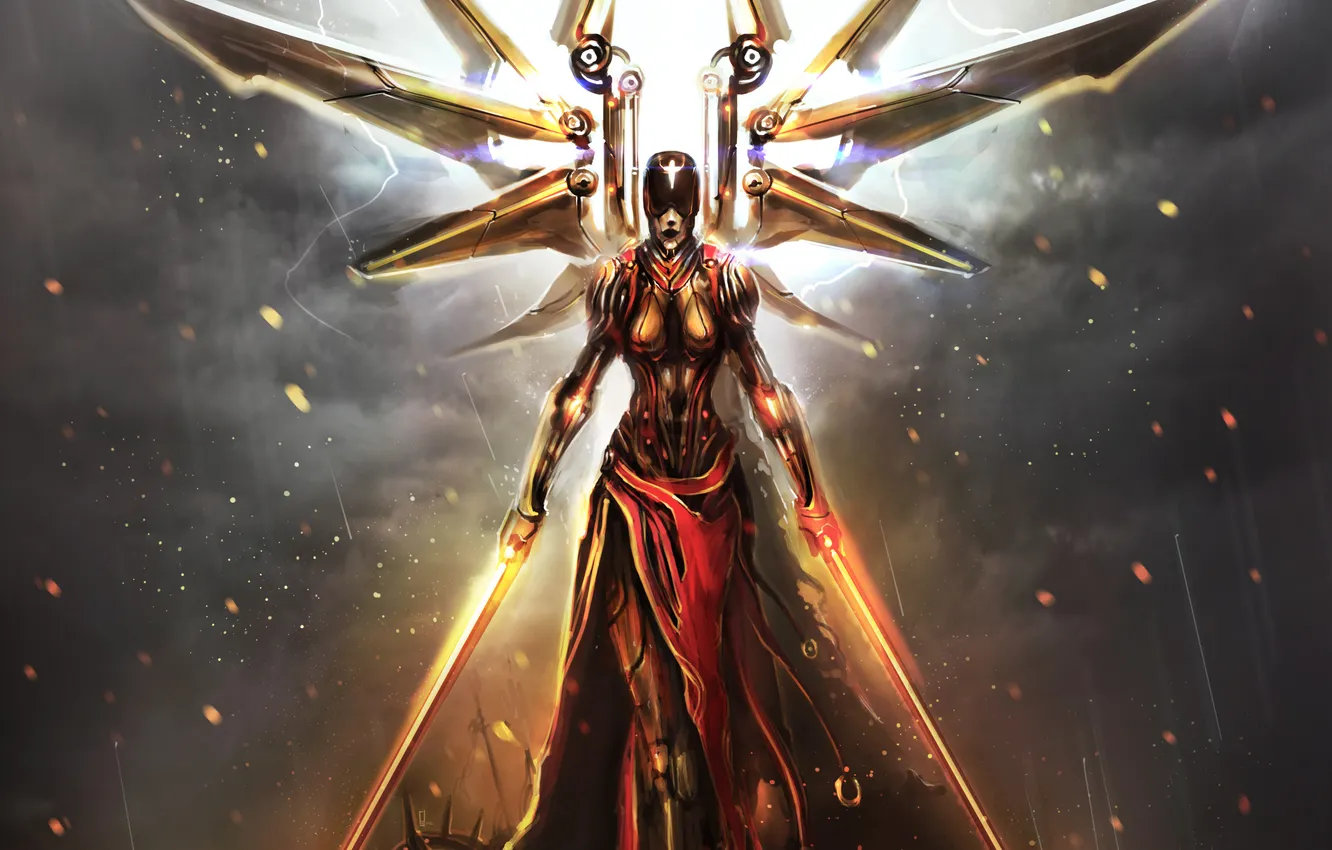 Photo wallpaper girl, rain, lightning, mechanism, wings, sword, armor, sparks
