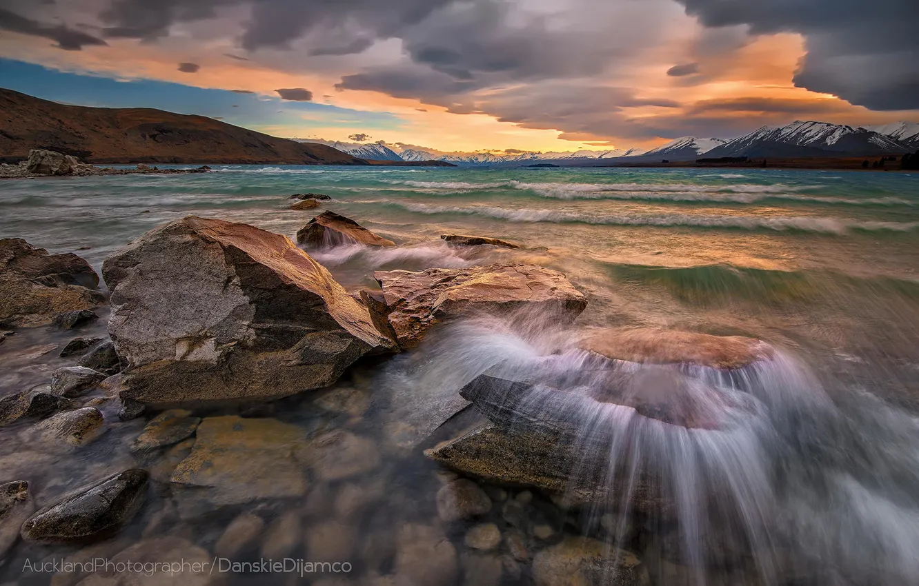 Photo wallpaper wave, the sky, clouds, mountains, stones, morning, excerpt, New Zealand