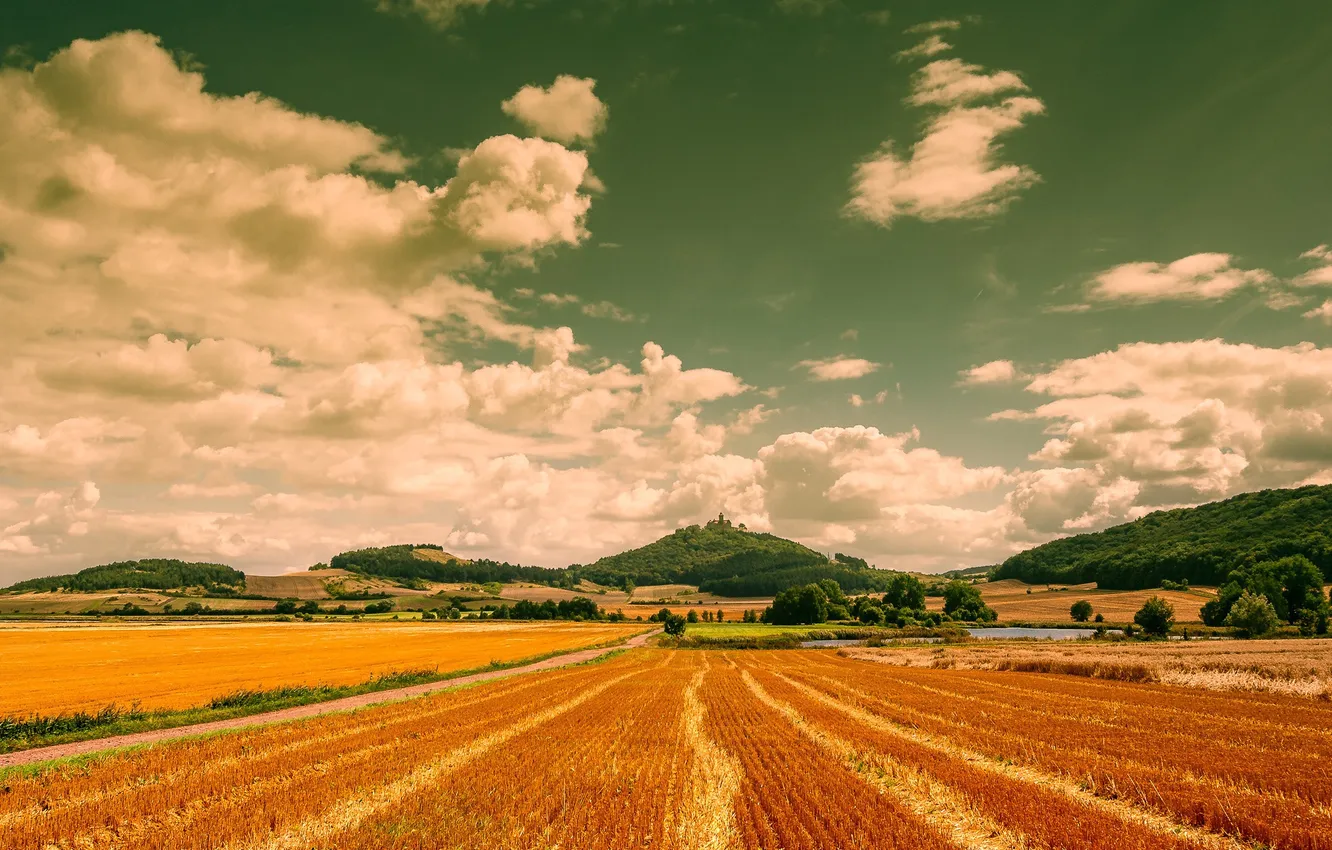 Photo wallpaper road, field, the sky, clouds, lake, hills, the countryside, farm