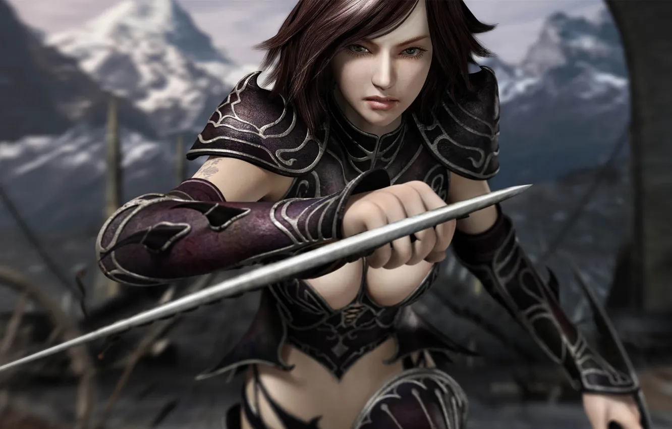 Photo wallpaper girl, mountains, weapons, blade, rappelz