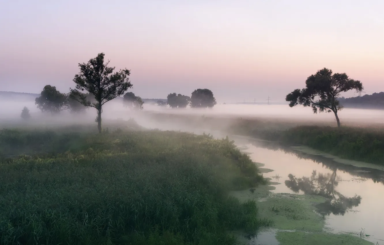 Photo wallpaper landscape, nature, fog, river