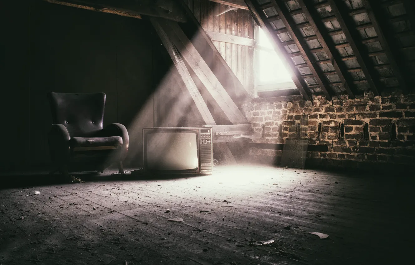 Photo wallpaper light, chair, TV, attic