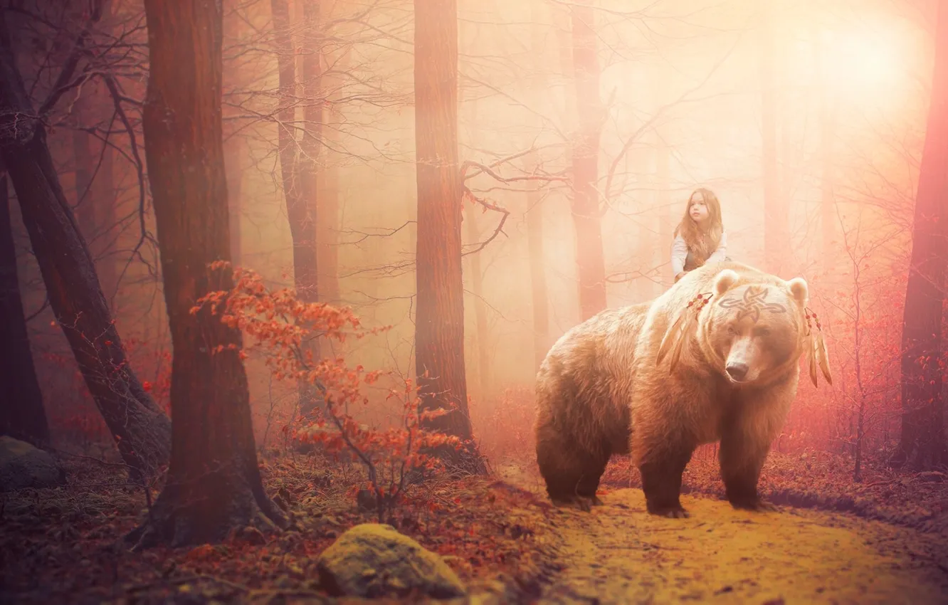 Photo wallpaper forest, fantasy, the situation, girl. bear