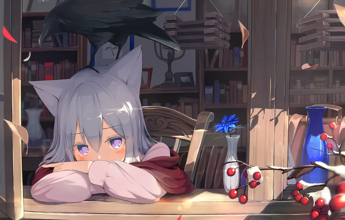 Photo wallpaper sadness, girl, table, ears