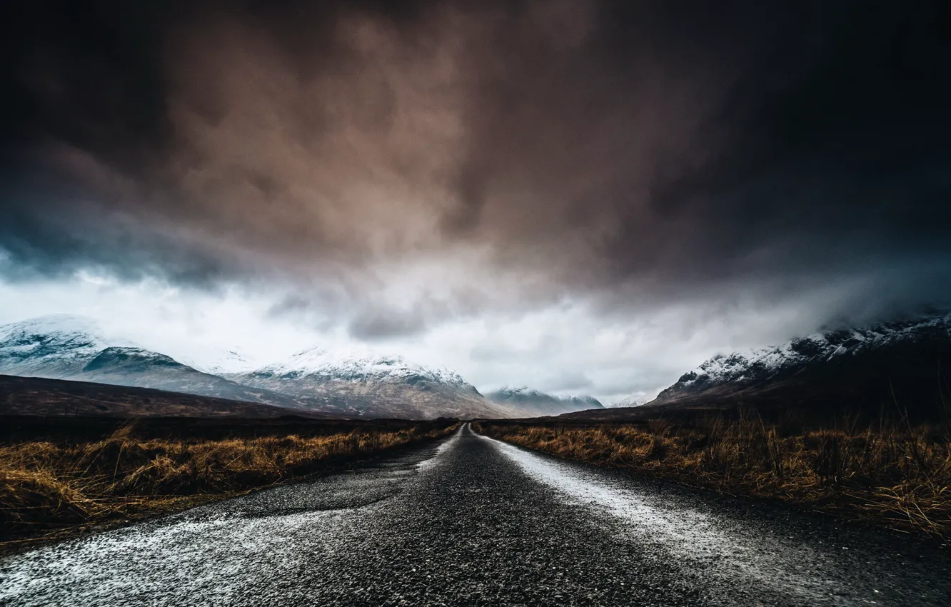 Photo wallpaper road, mountains, clouds