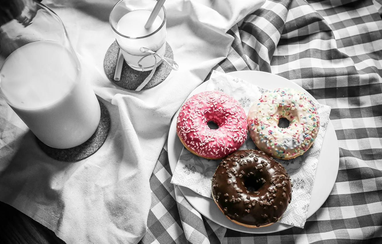Photo wallpaper food, milk, donuts, cakes, sweet, glaze, Gregory Krysmalsk