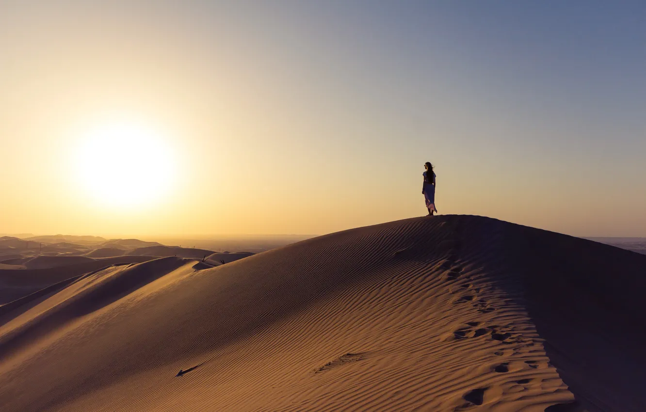Photo wallpaper girl, desert, sunset, sand, wind, sunlight, sunny, dunes