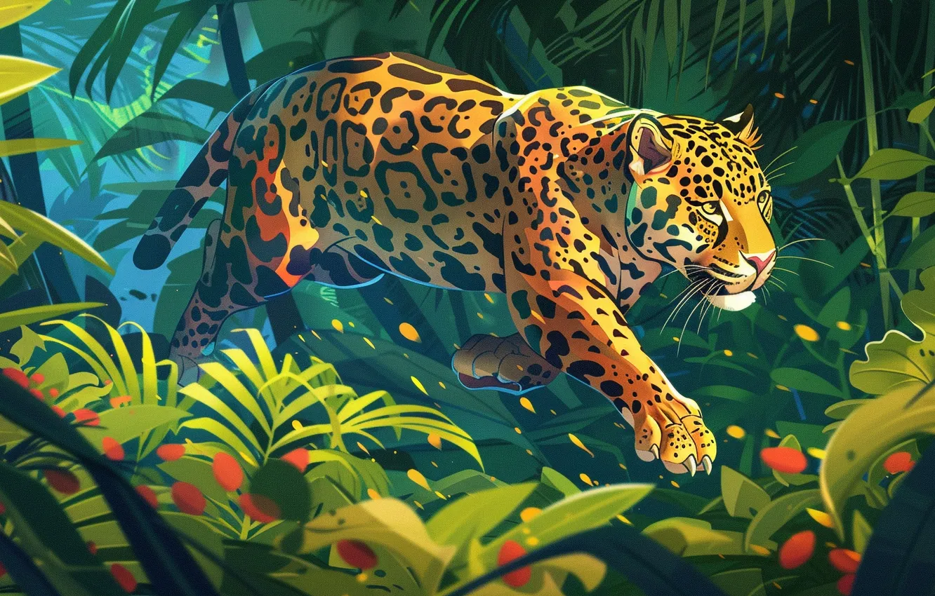 Photo wallpaper leaves, jump, predator, jungle, Jaguar, big cat, digital art, imitation painting