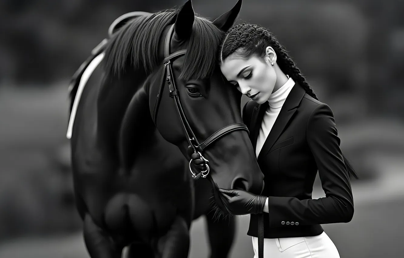 Photo wallpaper look, face, girl, pose, each, horse, horse, hairstyle