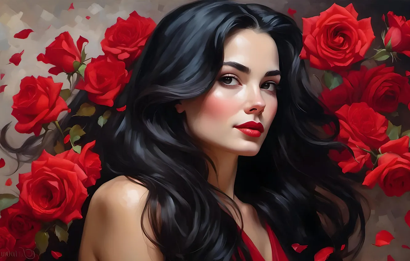 Photo wallpaper look, girl, flowers, red, figure, portrait, roses, bouquet