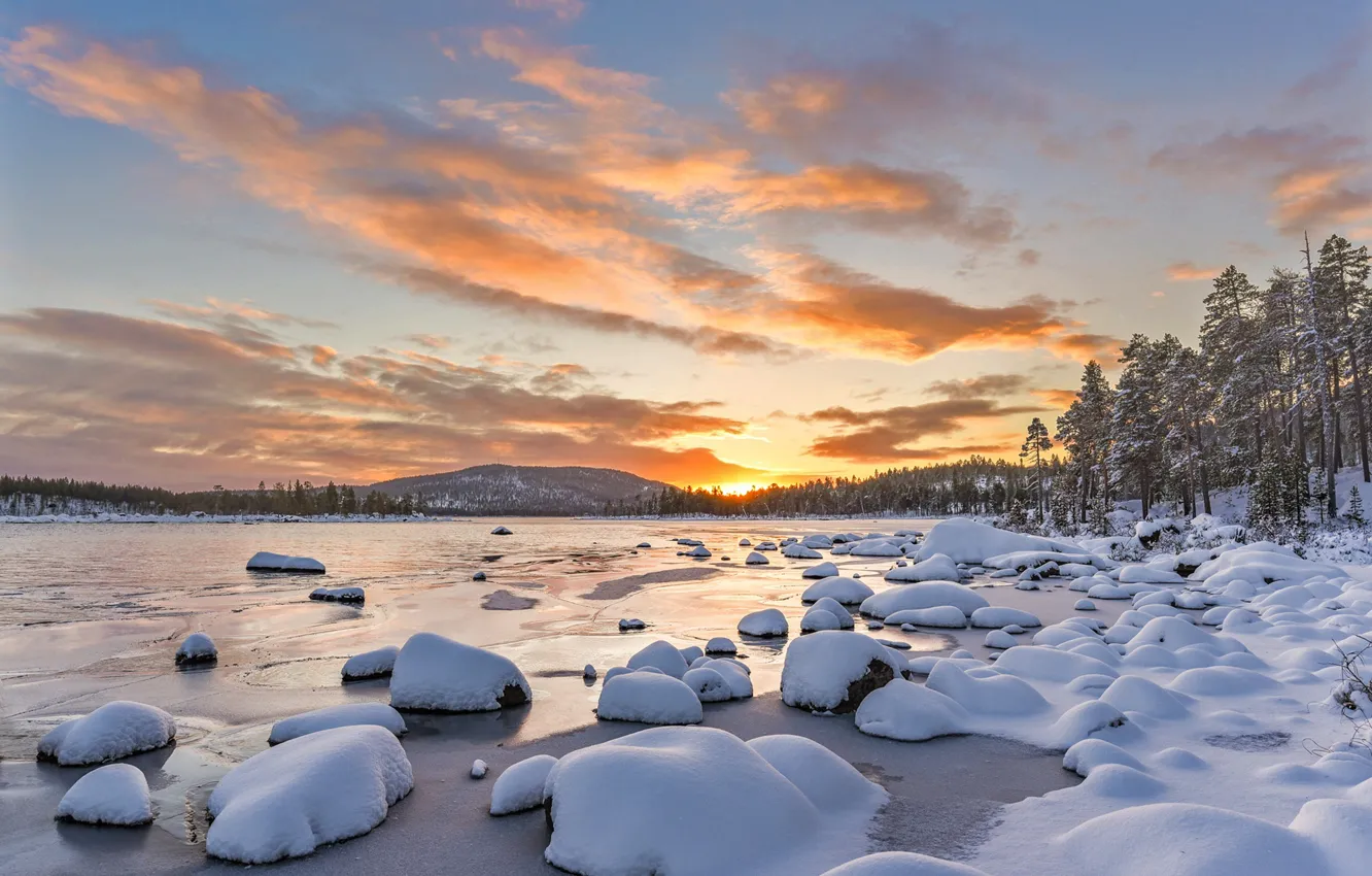 Photo wallpaper winter, the sky, sunset, lake, Jorma Hevonkoski