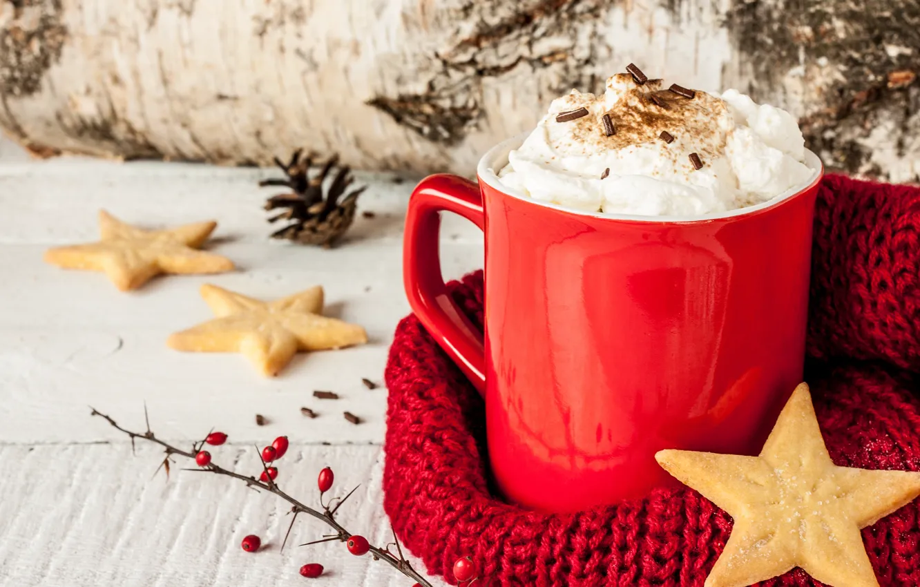 Photo wallpaper winter, cookies, cream, mug, cocoa