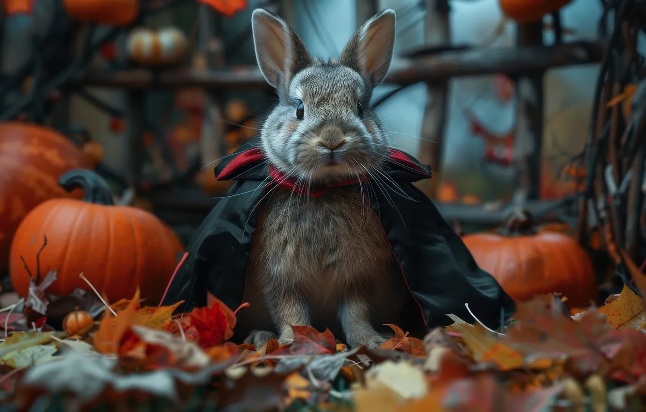 Photo wallpaper Halloween, neural network, look, holiday, AI art, rabbit, autumn, the scenery